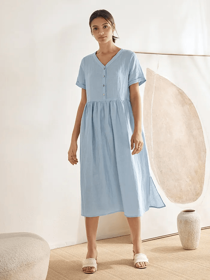 100% Linen V-Neck Gathered-Waist Dress - DRESSES-Linen Midi