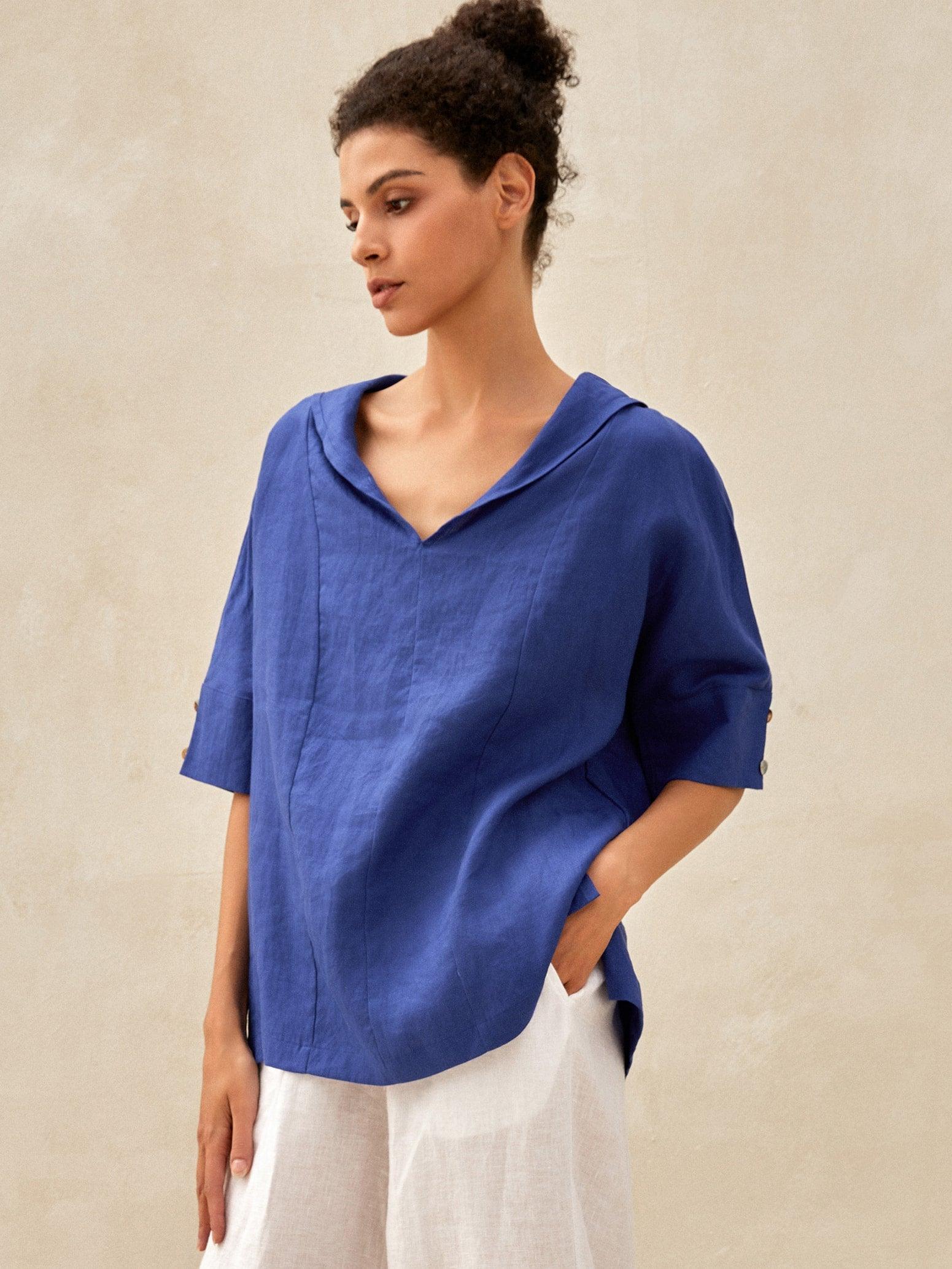 100% Linen V-Neck Short Sleeve Shirt SIERRA - Royal Blue / XS - TOPS-Linen Blouses