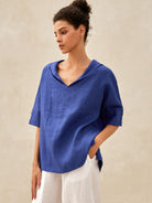 100% Linen V-Neck Short Sleeve Shirt SIERRA - Royal Blue / XS - TOPS-Linen Blouses