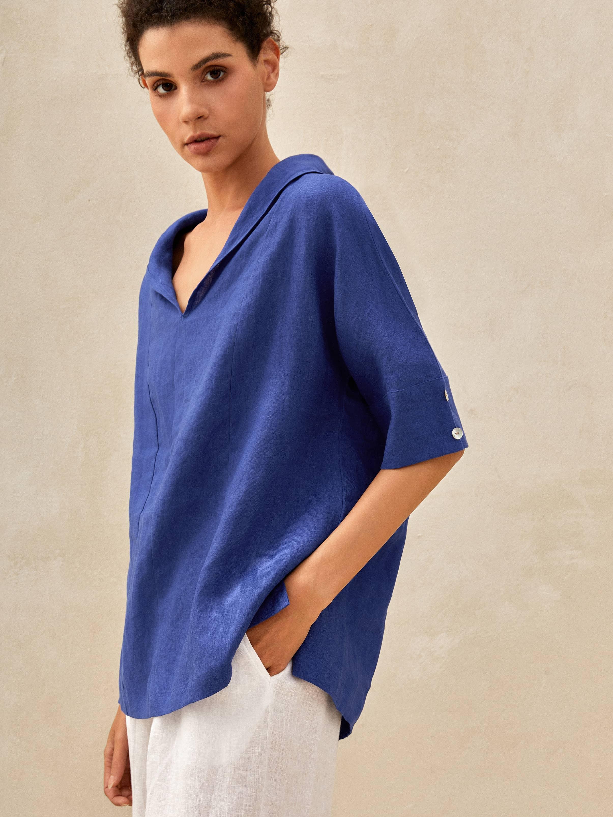 100% Linen V-Neck Short Sleeve Shirt SIERRA - TOPS-Linen Blouses