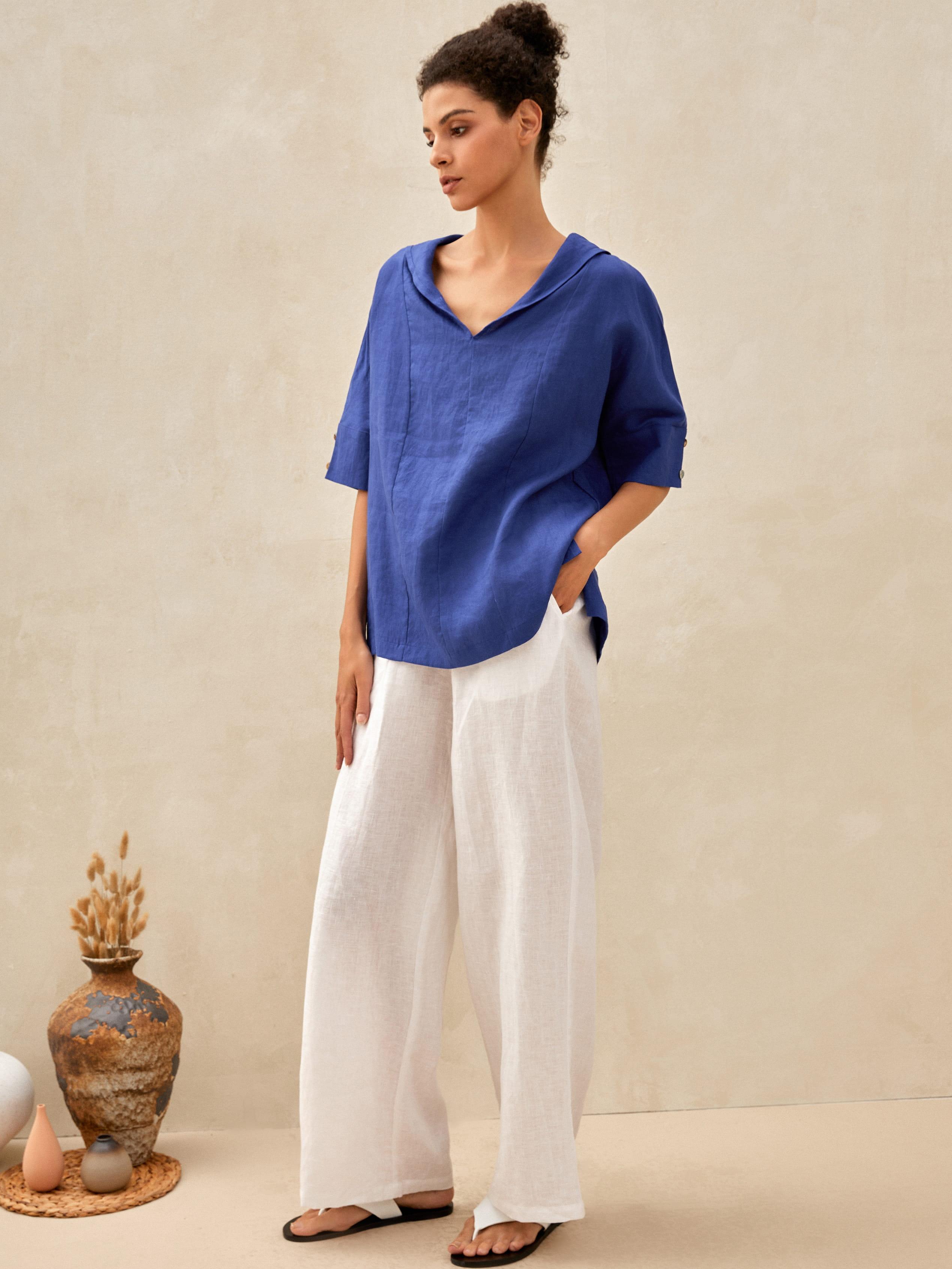 100% Linen V-Neck Short Sleeve Shirt SIERRA - TOPS-Linen Blouses