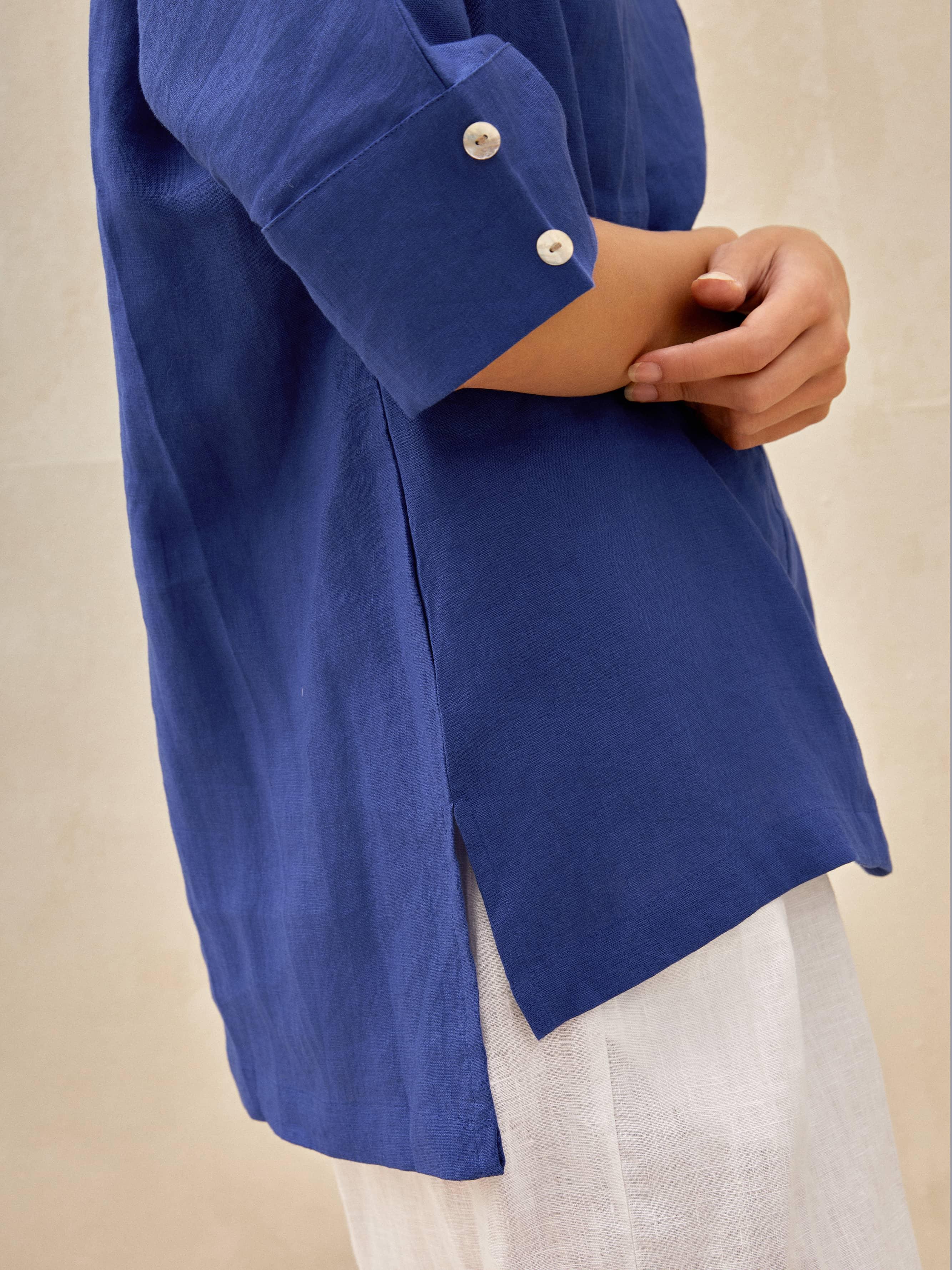 100% Linen V-Neck Short Sleeve Shirt SIERRA - TOPS-Linen Blouses