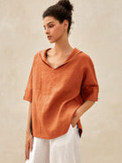 100% Linen V-Neck Short Sleeve Shirt SIERRA - Sun Orange / XS - TOPS-Linen Blouses