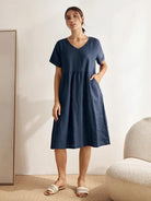 100% Linen V-Neck Waist Ruched Pocket Dress CHARLOTTE - DRESSES-Linen Midi
