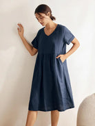 100% Linen V-Neck Waist Ruched Pocket Dress CHARLOTTE - Navy Blue / S - DRESSES-Linen Midi