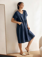100% Linen V-Neck Waist Ruched Pocket Dress CHARLOTTE - DRESSES-Linen Midi