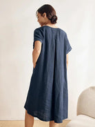 100% Linen V-Neck Waist Ruched Pocket Dress CHARLOTTE - DRESSES-Linen Midi