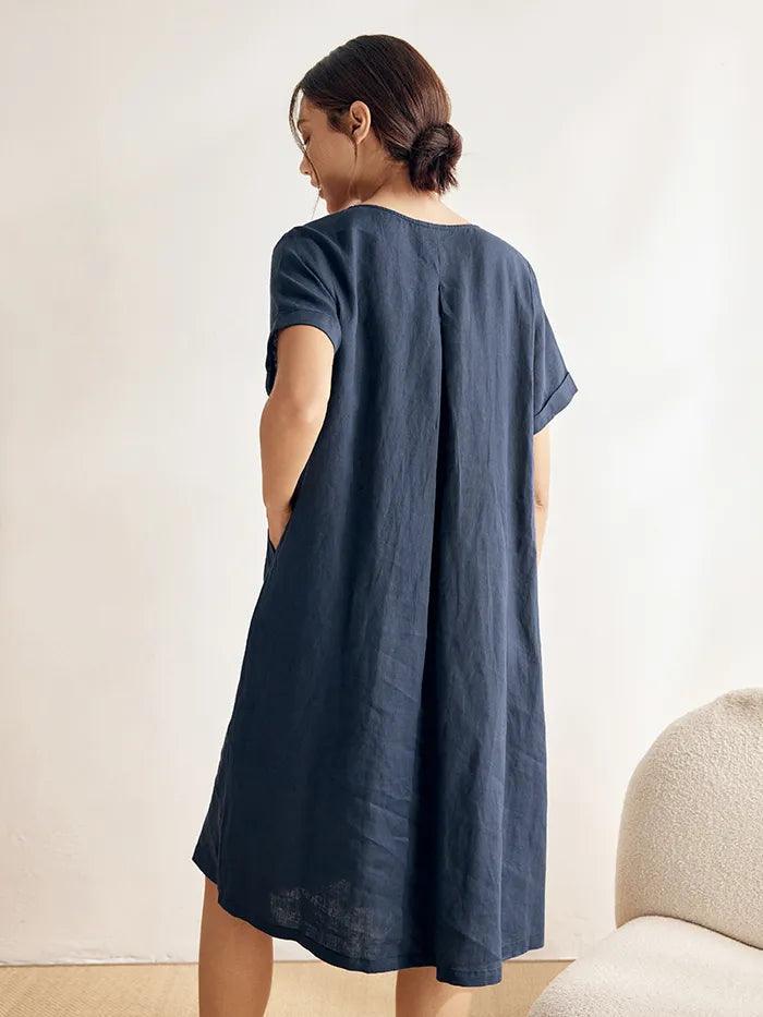 100% Linen V-Neck Waist Ruched Pocket Dress CHARLOTTE - DRESSES-Linen Midi