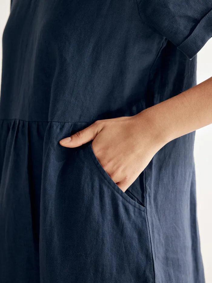 100% Linen V-Neck Waist Ruched Pocket Dress CHARLOTTE - DRESSES-Linen Midi