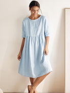 100% Linen A-Line Midi Dress VALENCIA - Baby Blue / S - DRESSES-Linen