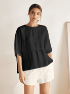 100% Linen Round Neck Mid-Sleeve Top ROBYN - TOPS-Linen Blouses