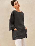 100% Linen Loose Long Shirt LILY - Coal Grey / S - TOPS-Linen Tunics