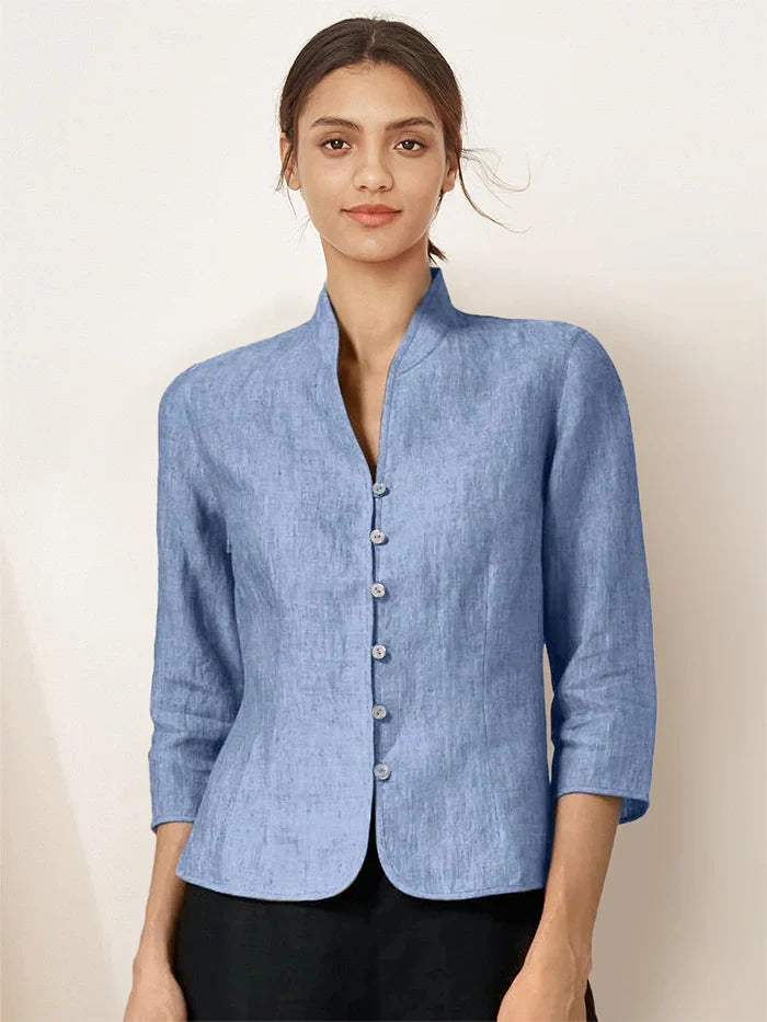 100% Linen Hand Button Fitted Jacket AMELIA - Powder Blue / S - TOPS-Linen Jackets