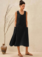 100% Linen Swing Beach Tank Dress GIANA - DRESSES-Linen Midi