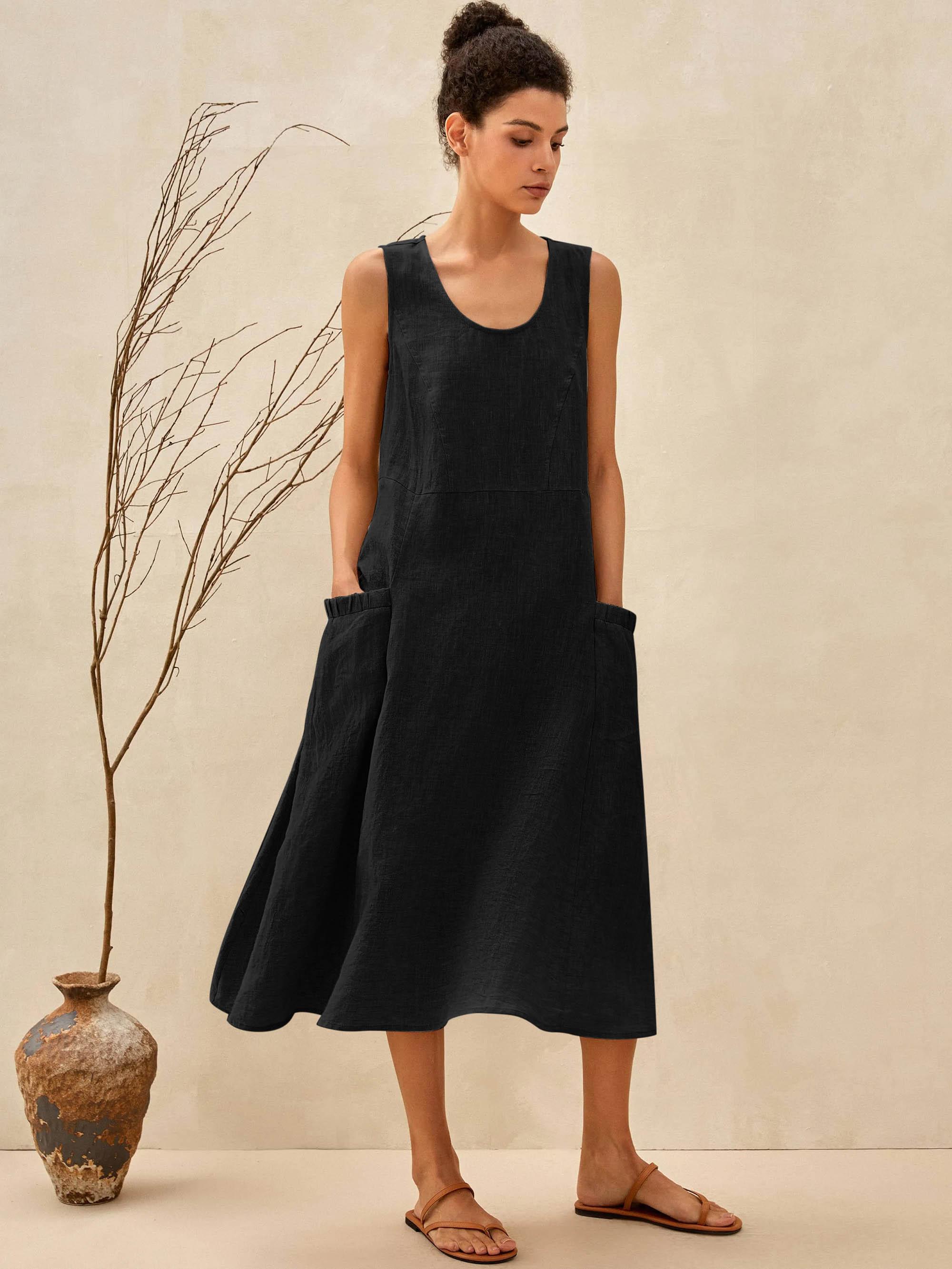 100% Linen Swing Beach Tank Dress GIANA - DRESSES-Linen Midi