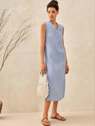 100% Linen Sleeveless Straight High Slit Maxi Dress TAYLOR - DRESSES-Linen Midi