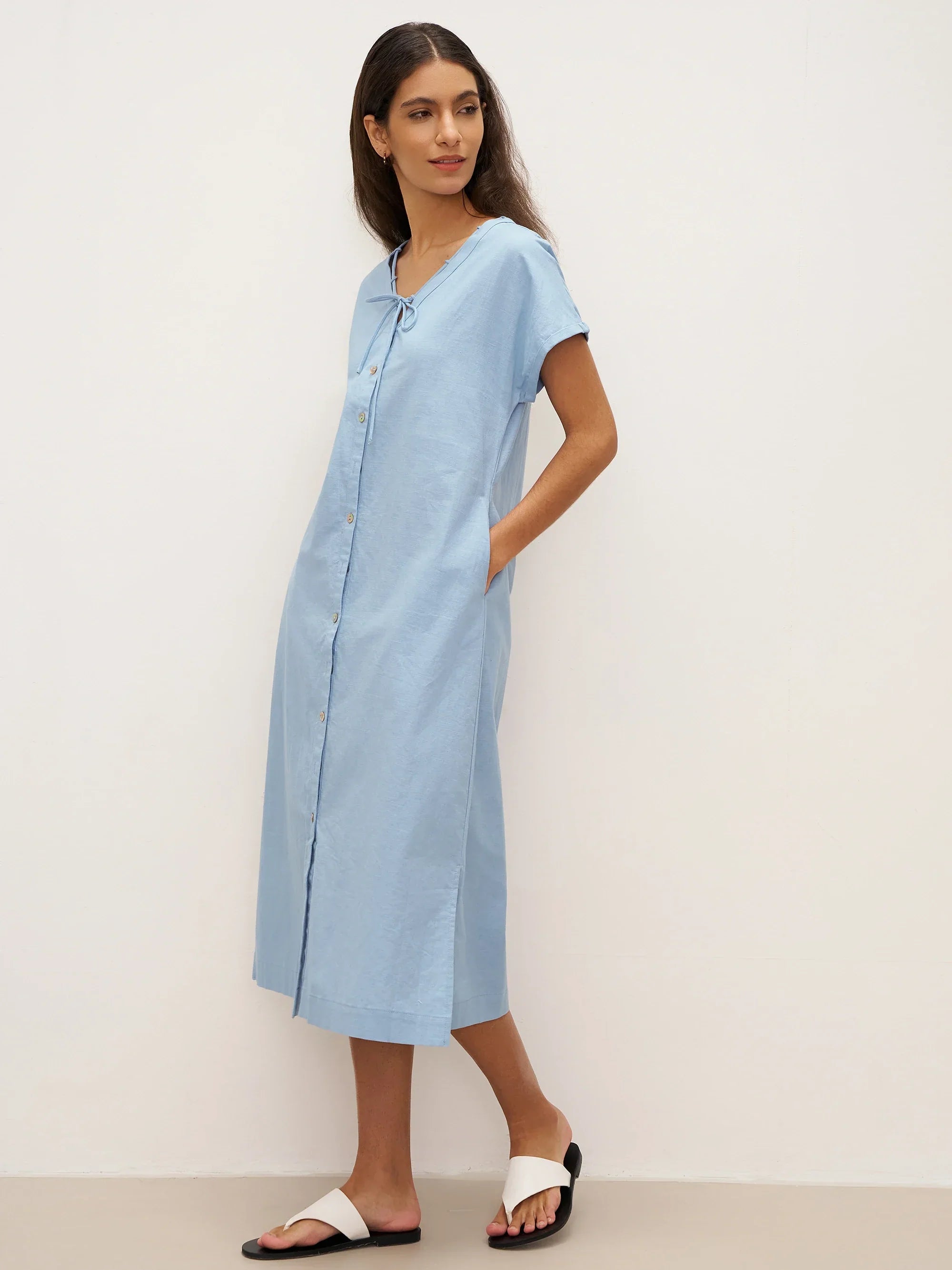 Linen Ladder Tie Simple Dress - DRESSES-Linen Maxi