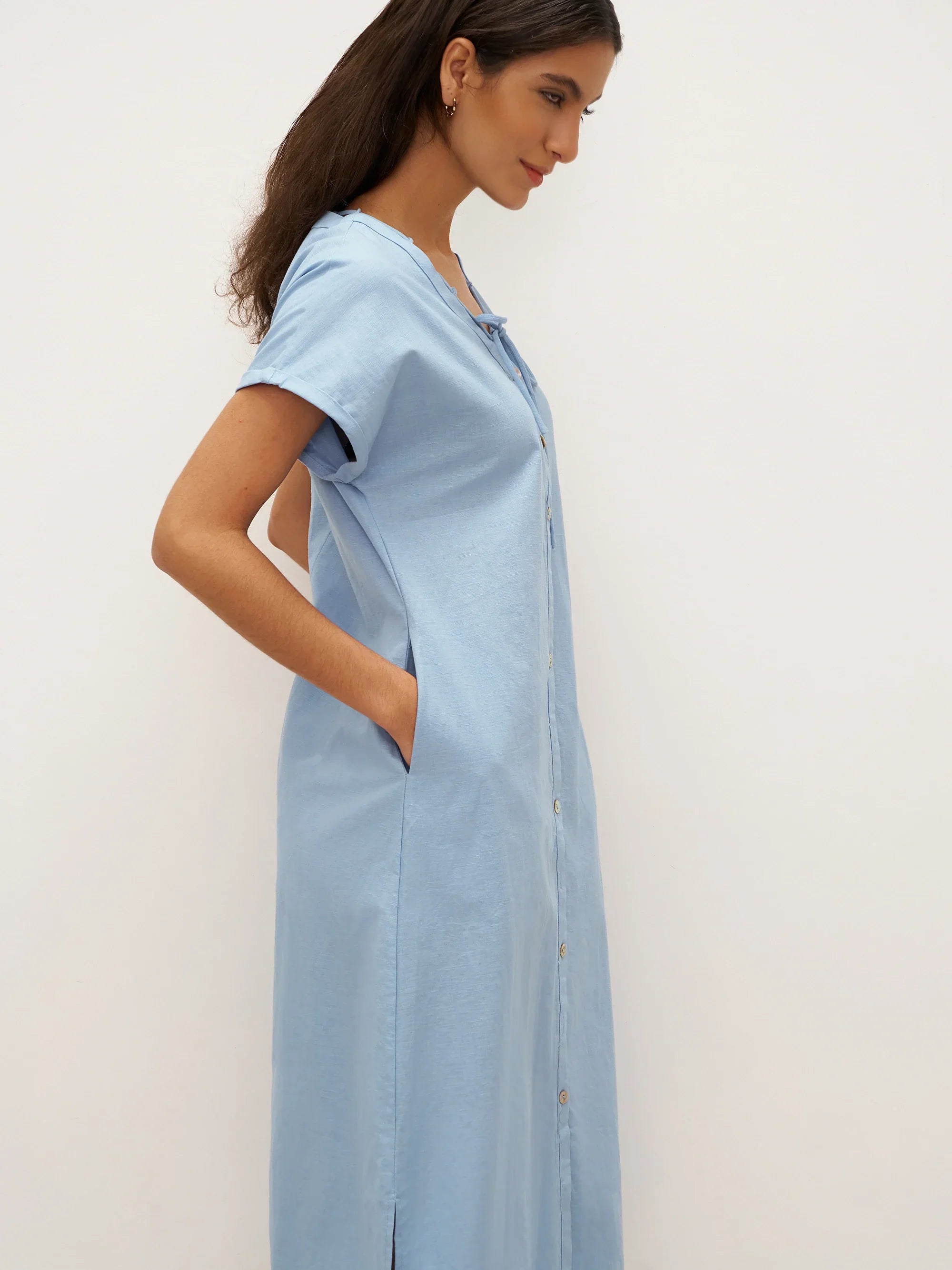 Linen Ladder Tie Simple Dress - DRESSES-Linen Maxi