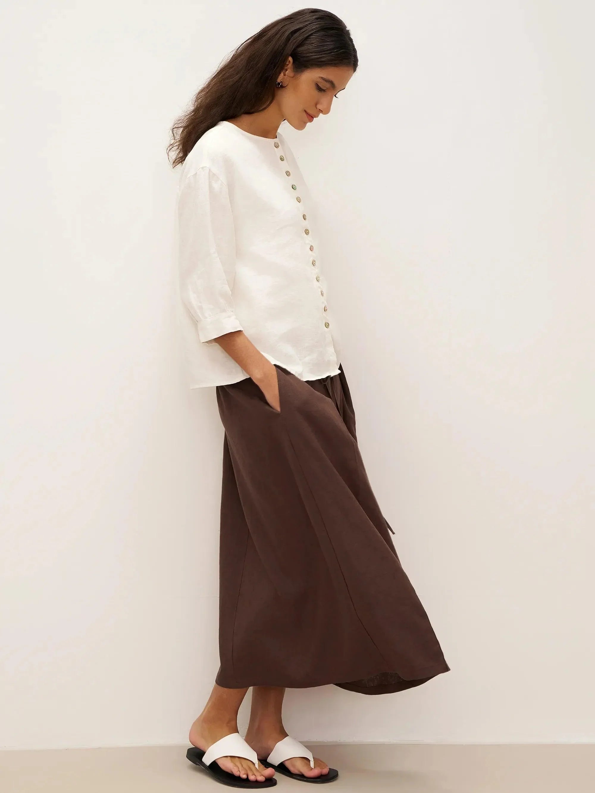 100% Linen Tie-Waist Wrapped A-Line Skirt EMILIE—Two-Way Wear - BOTTOMS-Linen Skirts