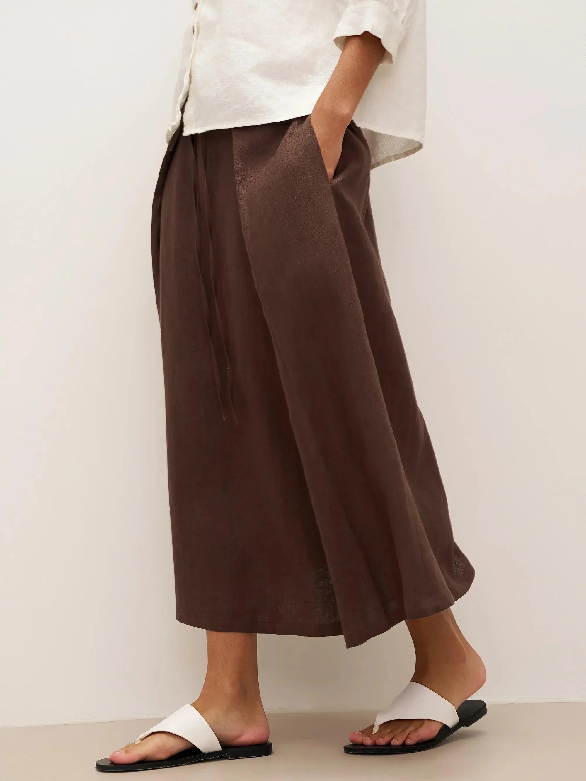 100% Linen Tie-Waist Wrapped A-Line Skirt EMILIE—Two-Way Wear - BOTTOMS-Linen Skirts
