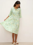 100% Linen A-Line Ruffled Collar Tie-Neck Midi Dress LIVIA - DRESSES-Linen