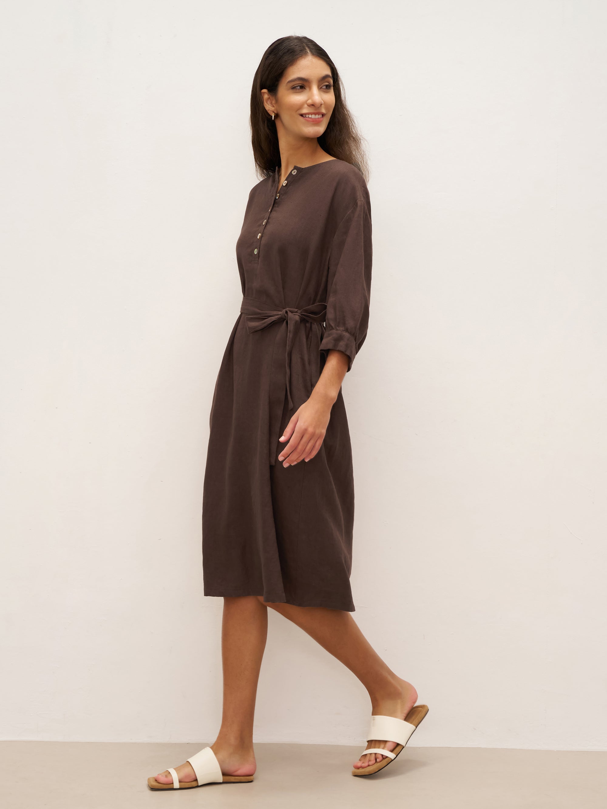 100% Linen Button Detail Midi Dress with Detachable Belt EIRA - DRESSES-Linen