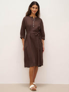 100% Linen Button Detail Midi Dress with Detachable Belt EIRA - Chicory Coffee / S - DRESSES-Linen