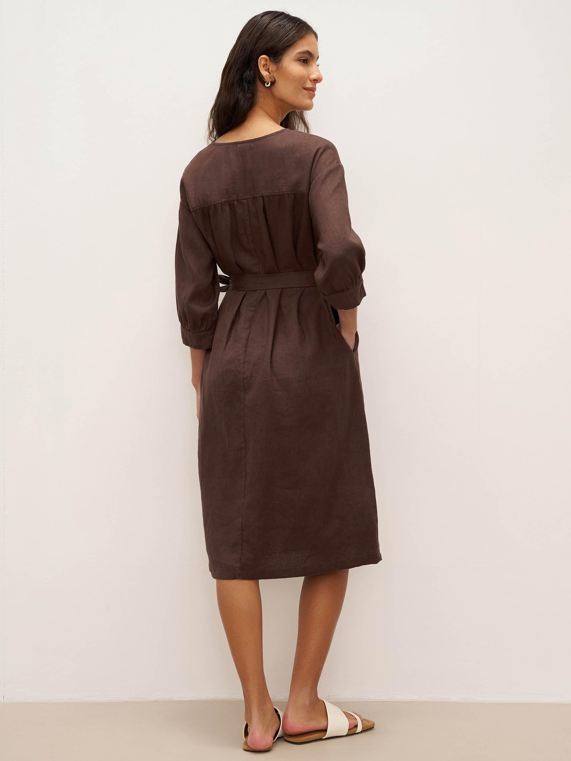 100% Linen Button Detail Midi Dress with Detachable Belt EIRA - DRESSES-Linen