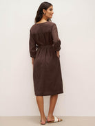 100% Linen Button Detail Midi Dress with Detachable Belt EIRA - DRESSES-Linen