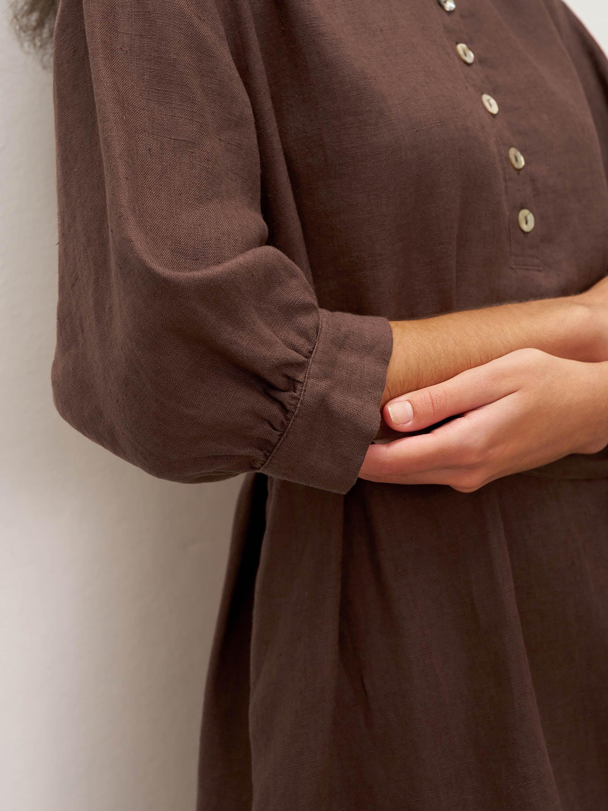 100% Linen Button Detail Midi Dress with Detachable Belt EIRA - DRESSES-Linen