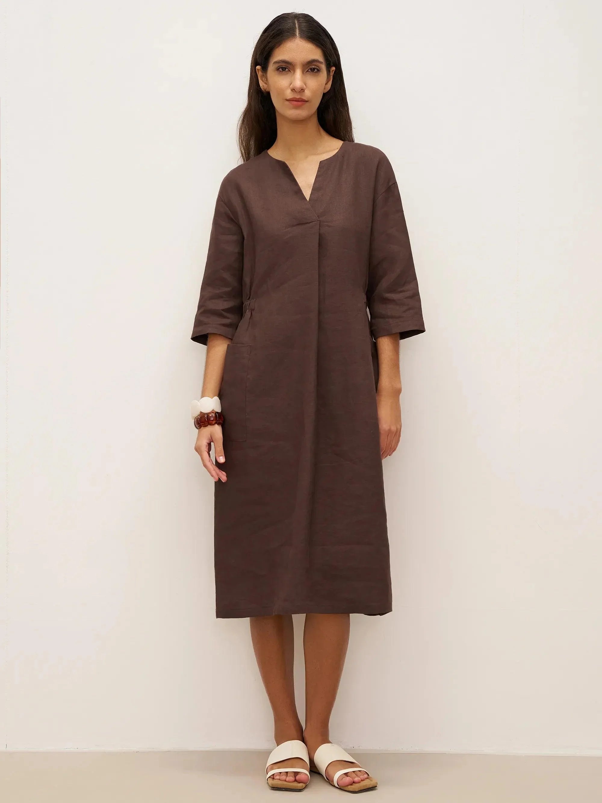 100% Linen Bell Pocket Midi Dress EVELINA - Chicory Coffee / S - DRESSES-Linen
