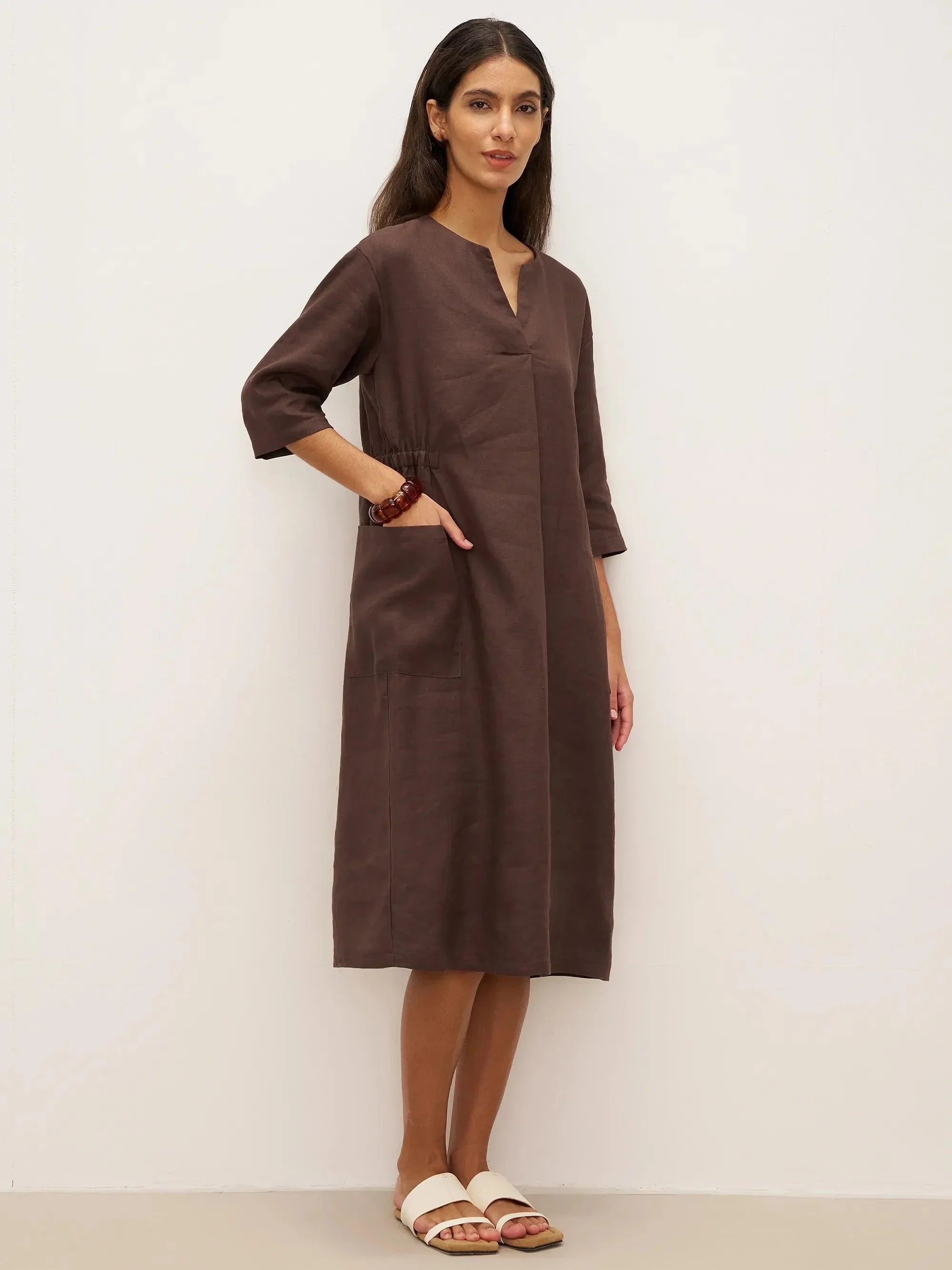 100% Linen Bell Pocket Midi Dress EVELINA - DRESSES-Linen