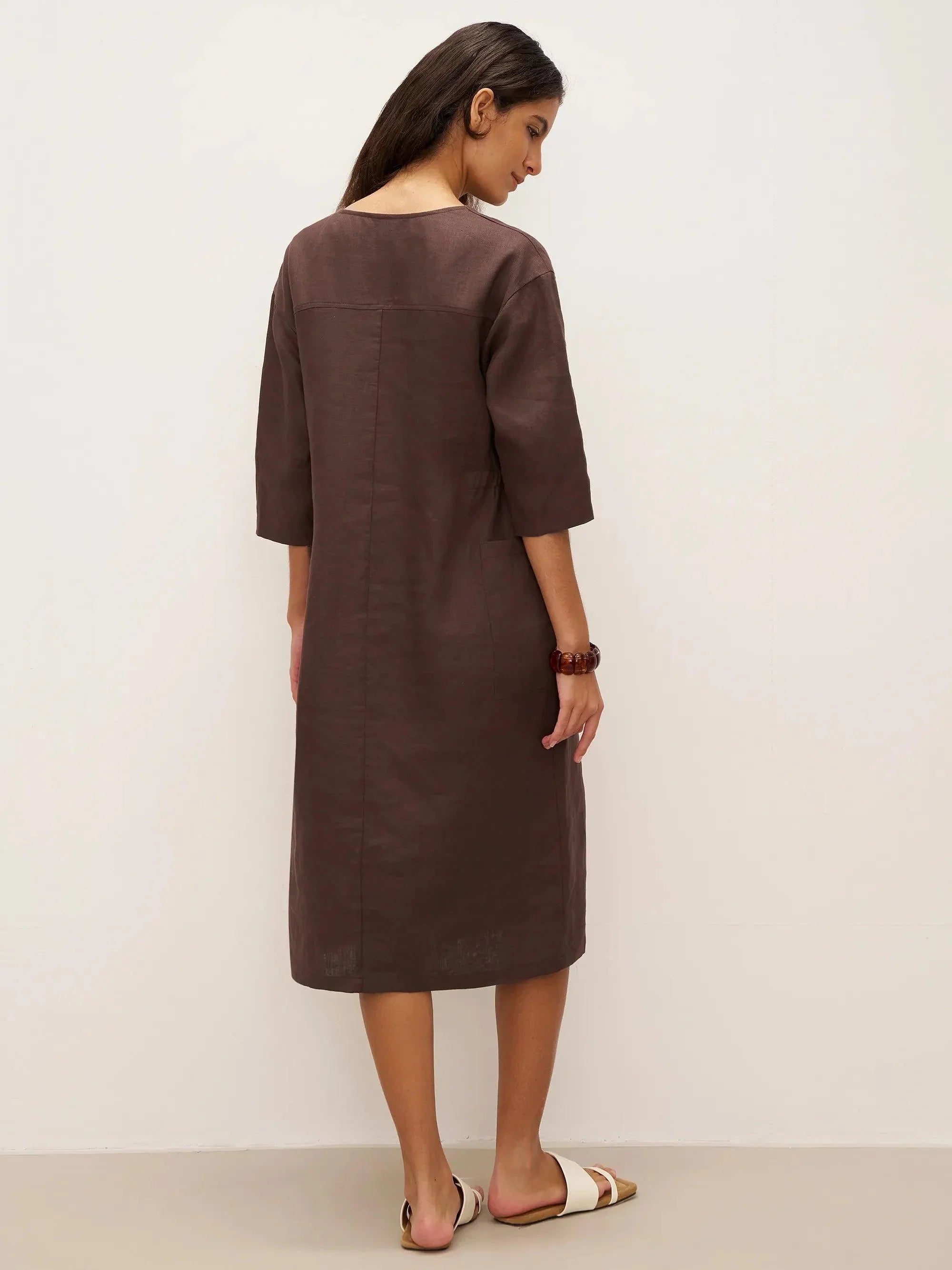 100% Linen Bell Pocket Midi Dress EVELINA - DRESSES-Linen