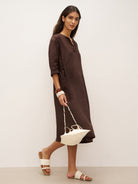 100% Linen Bell Pocket Midi Dress EVELINA - DRESSES-Linen