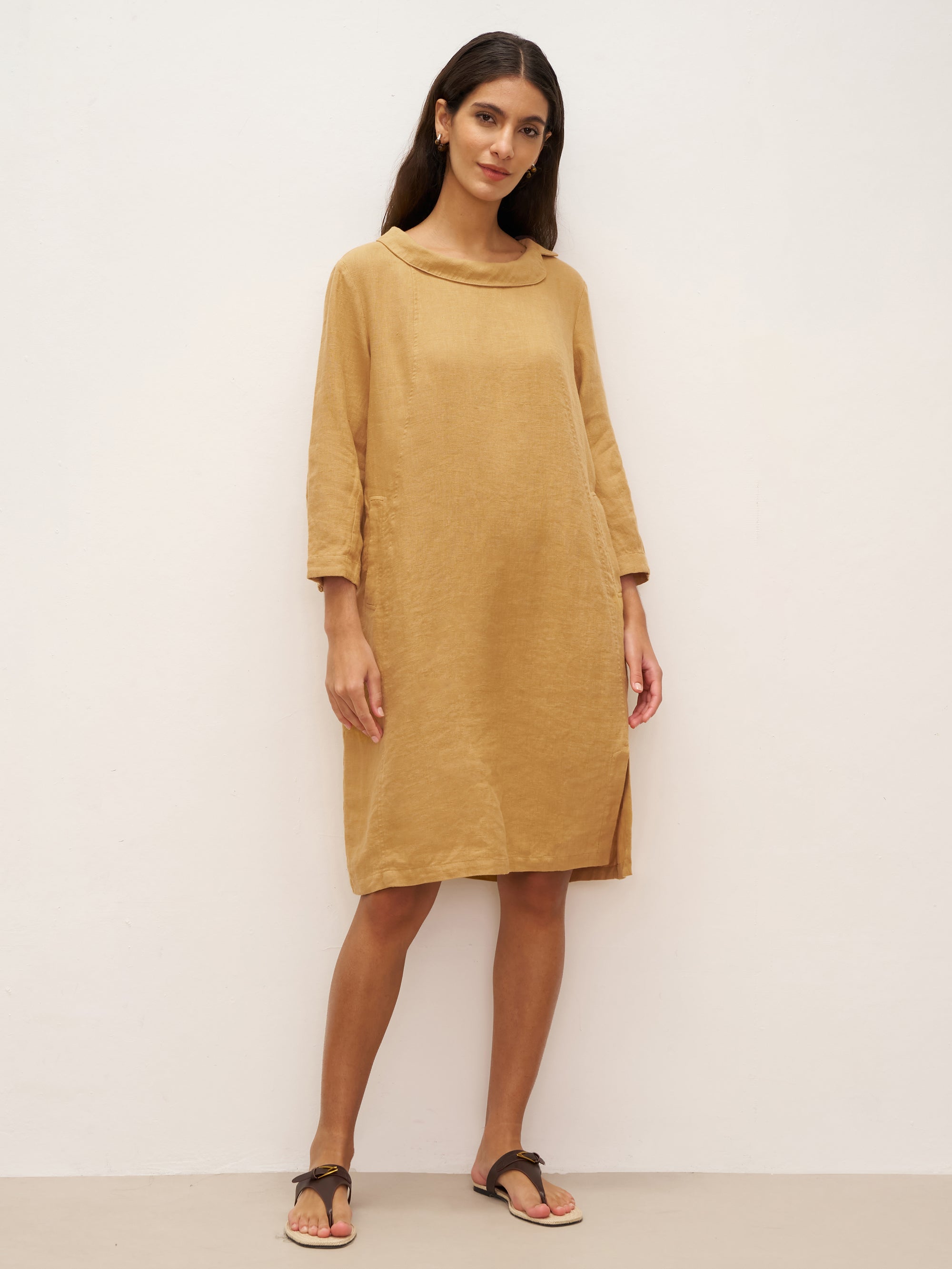 100% Linen Round Soft-Fold Collar Midi Dress DORALEE - DRESSES-Linen