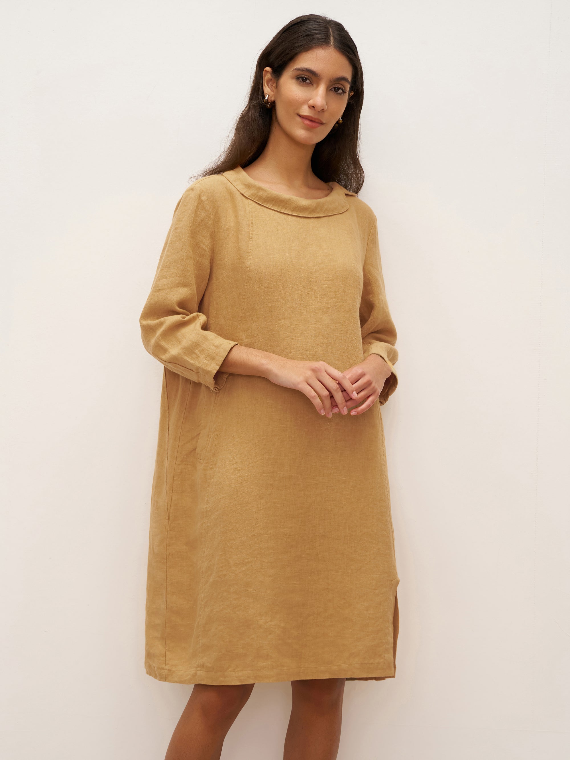 100% Linen Round Soft-Fold Collar Midi Dress DORALEE - Mellow Yellow / S - DRESSES-Linen
