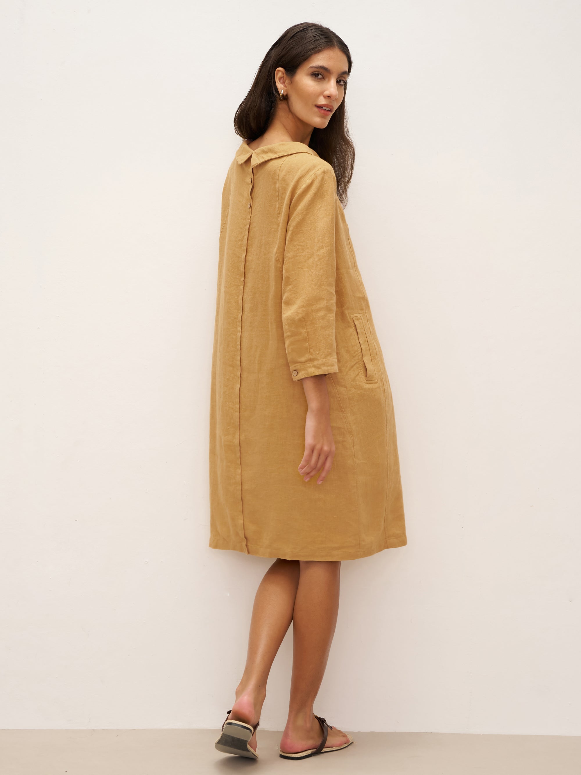 100% Linen Round Soft-Fold Collar Midi Dress DORALEE - DRESSES-Linen
