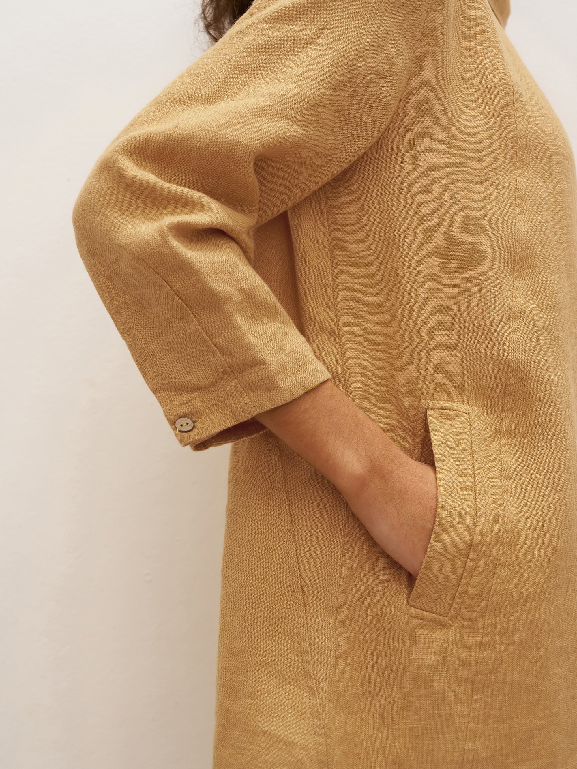 100% Linen Round Soft-Fold Collar Midi Dress DORALEE - DRESSES-Linen