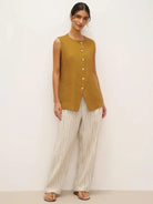 100% Linen Arc-Placket Button-Front Vest ELFRIDA - TOPS-Linen Tanks