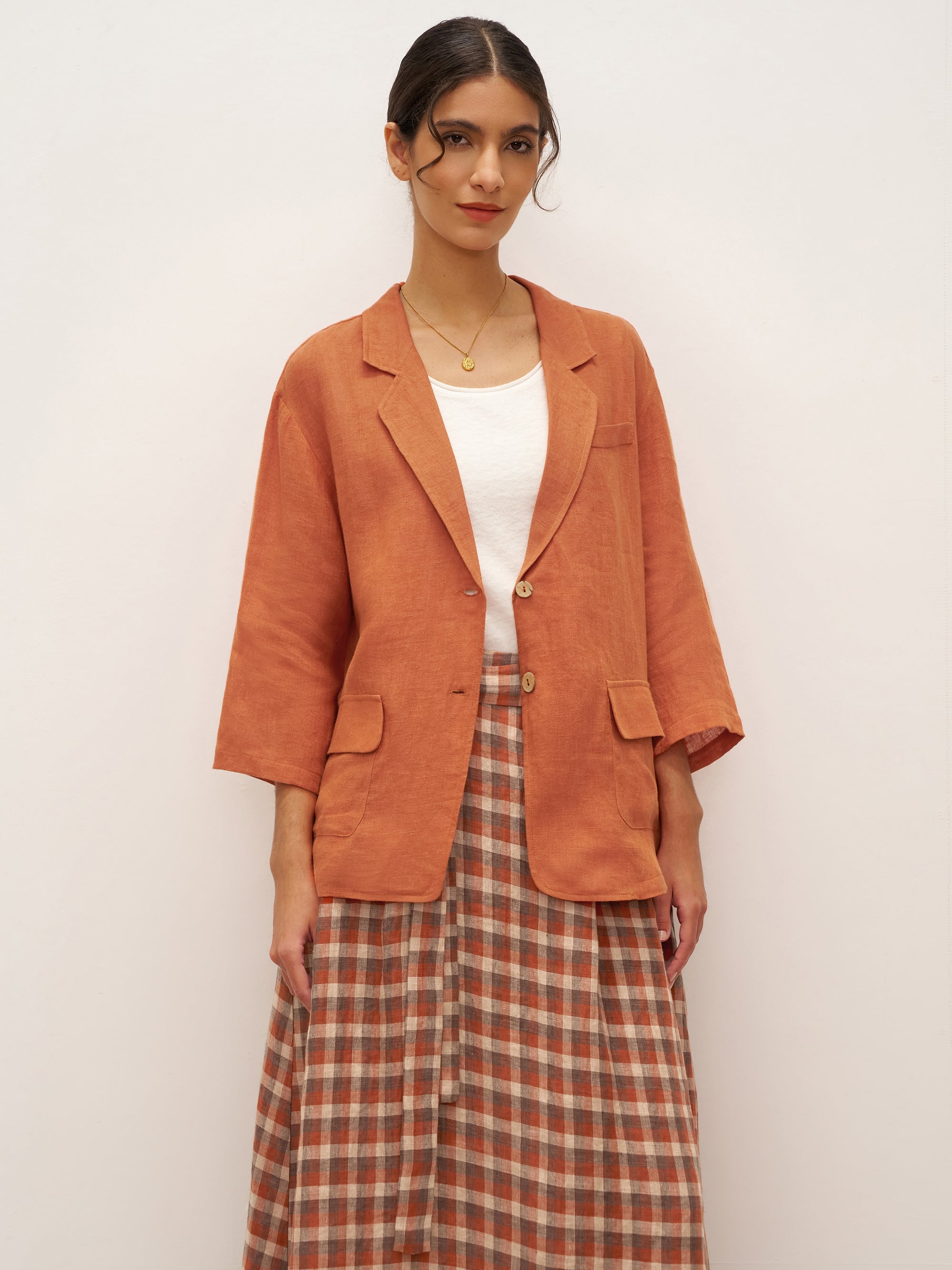 100% Linen 3/4 Sleeve Drop Shoulder Blazer DARA - TOPS-Linen Jackets