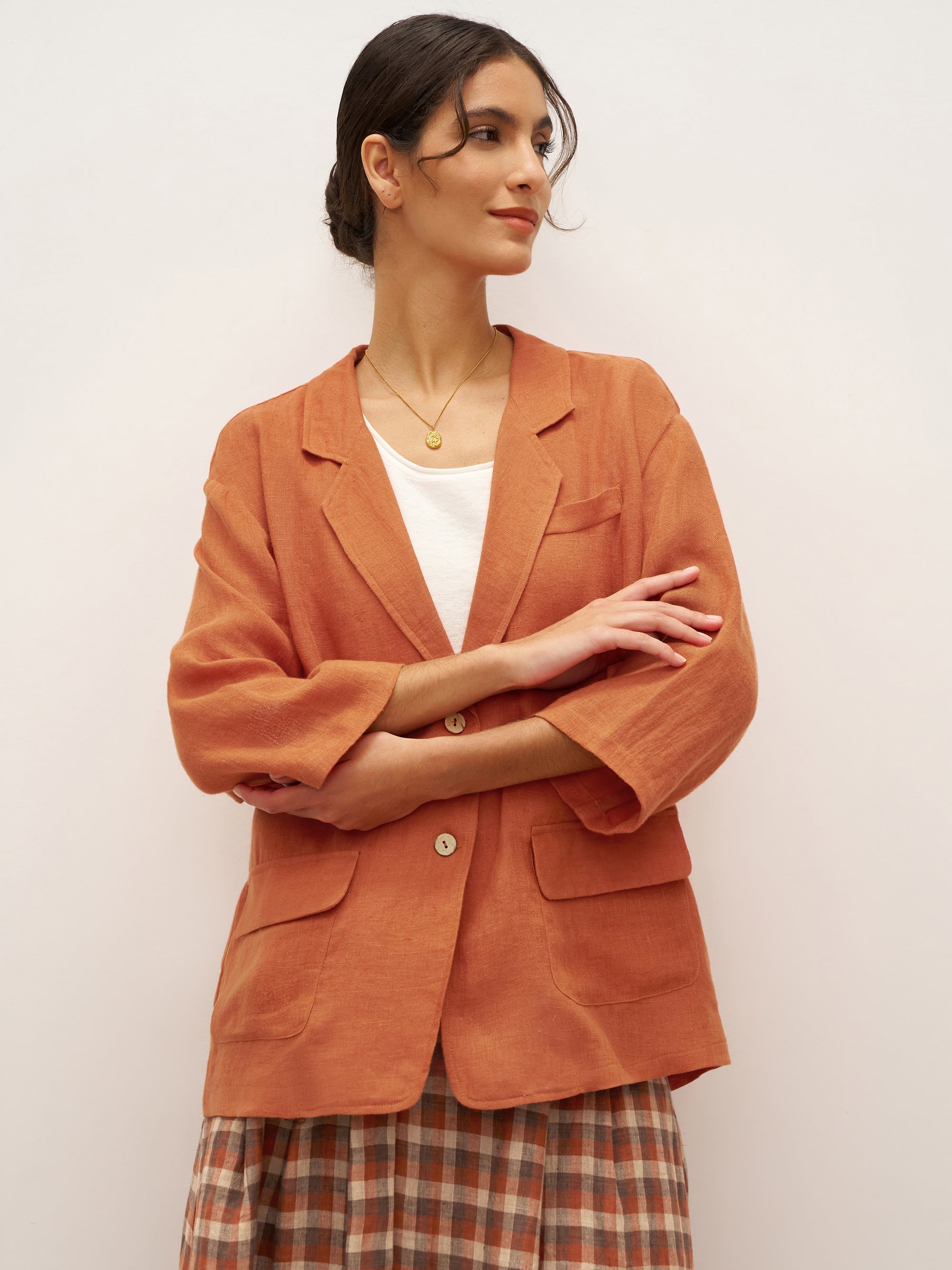 100% Linen 3/4 Sleeve Drop Shoulder Blazer DARA - TOPS-Linen Jackets