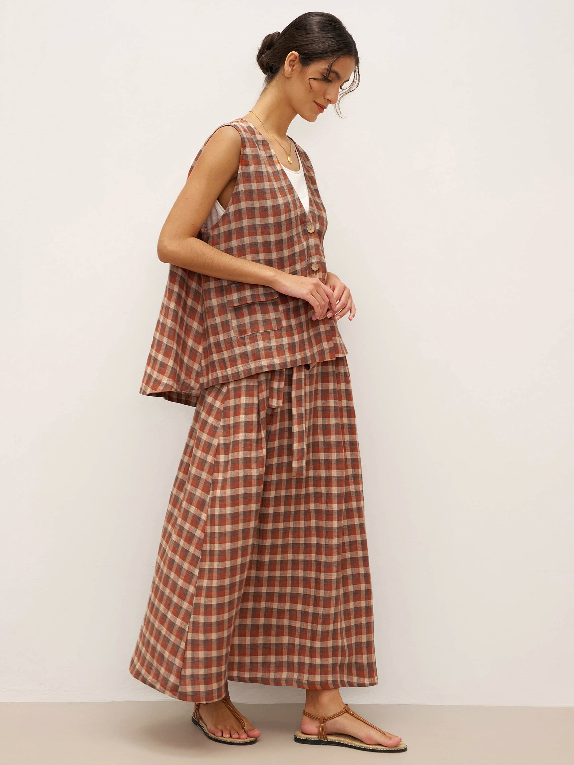 100% Linen V-Neck Checked Oversized Vest DORIS - TOPS-Linen Vests