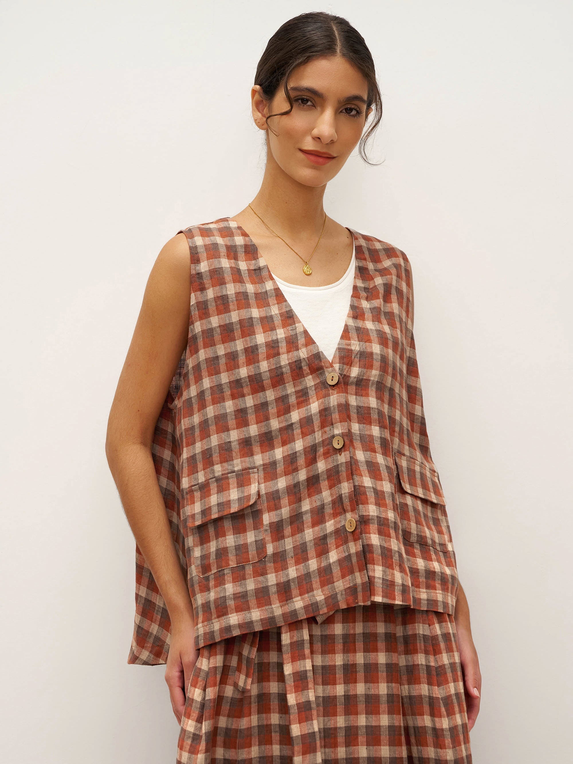 100% Linen V-Neck Checked Oversized Vest DORIS - Rustic Check / S - TOPS-Linen Vests