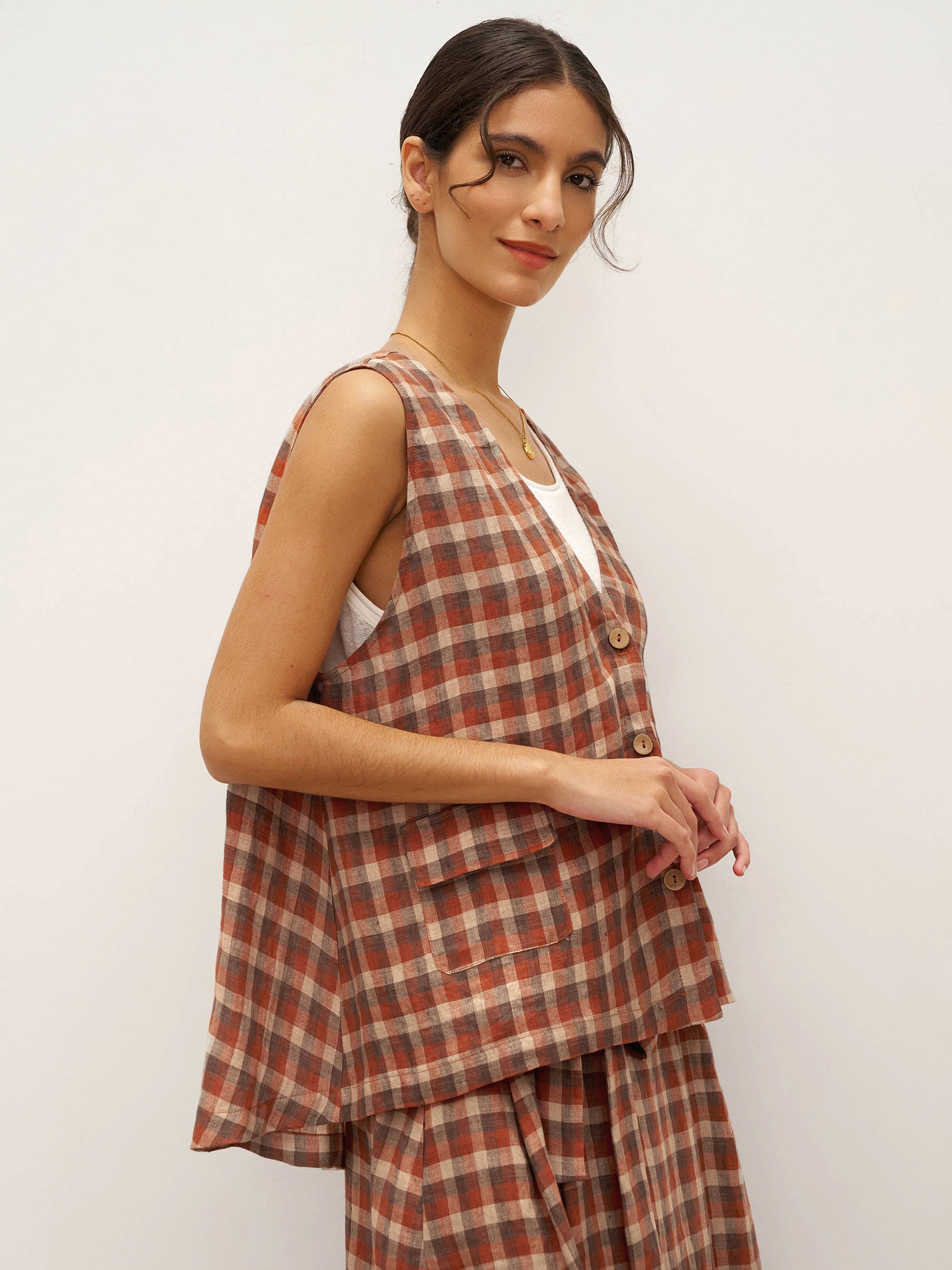 100% Linen V-Neck Checked Oversized Vest DORIS - TOPS-Linen Vests