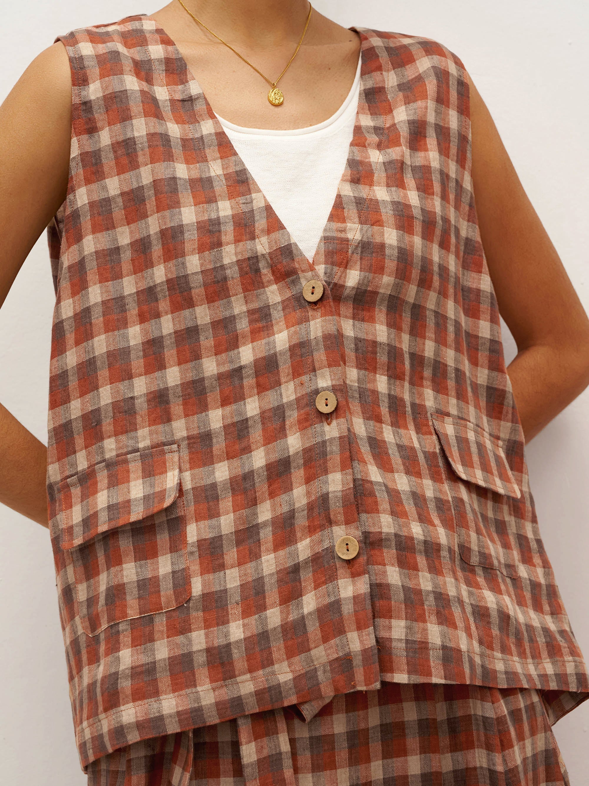 100% Linen V-Neck Checked Oversized Vest DORIS - TOPS-Linen Vests