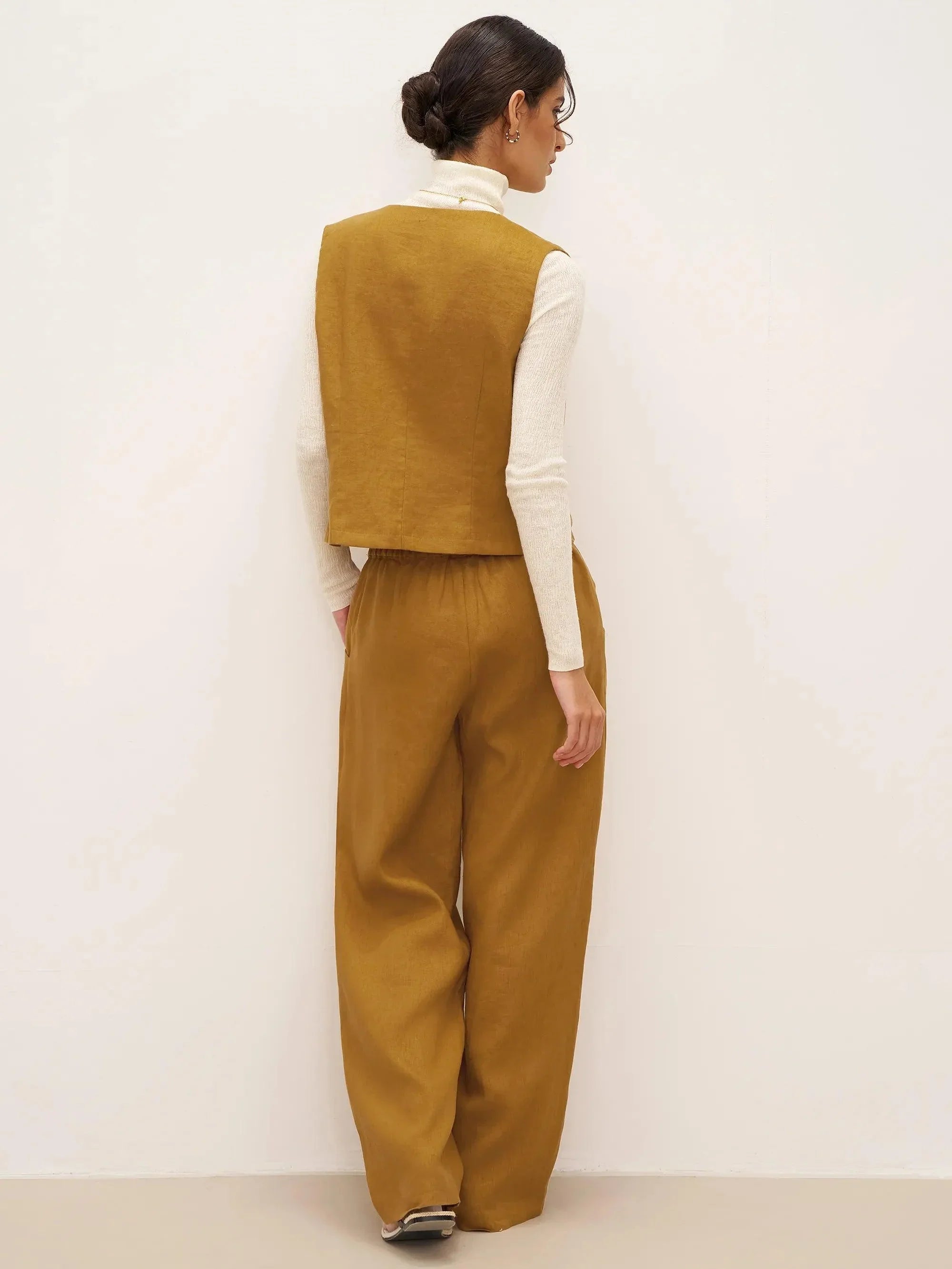 100% Linen Banana Cut Pants with Pockets EDELINE - BOTTOMS-Linen