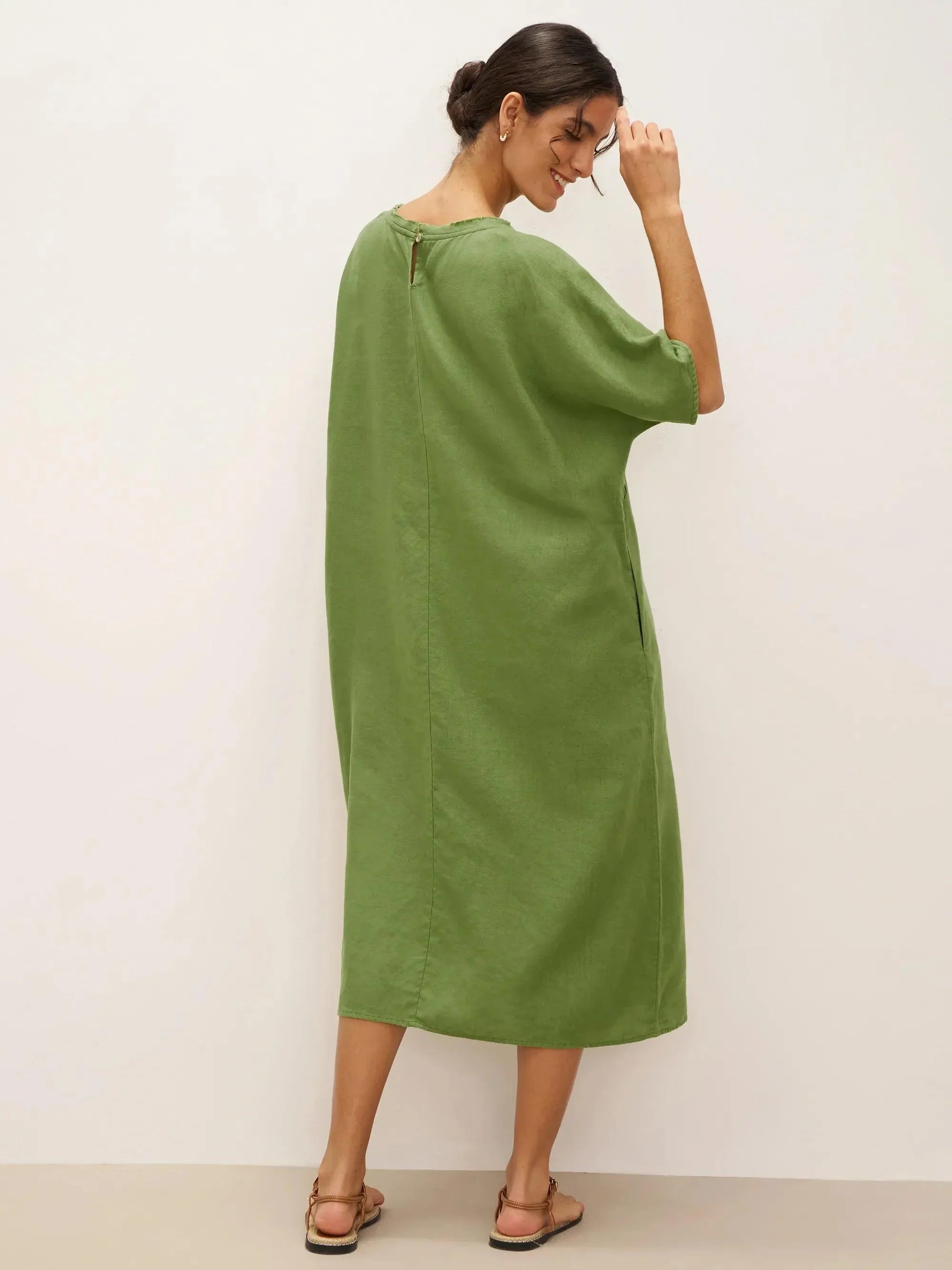 100% Linen Oversized O-Line Belted Midi Dress LORETTA—Multi-Way Wear - DRESSES-Linen