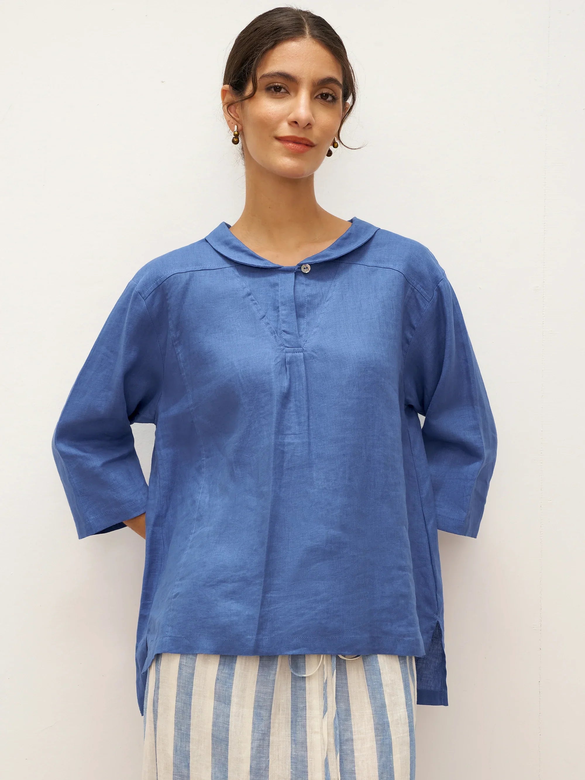 JADE 100% Linen Shawl V-Neck Half Sleeve Top - Denim Blue / XS - TOPS-Linen Blouses