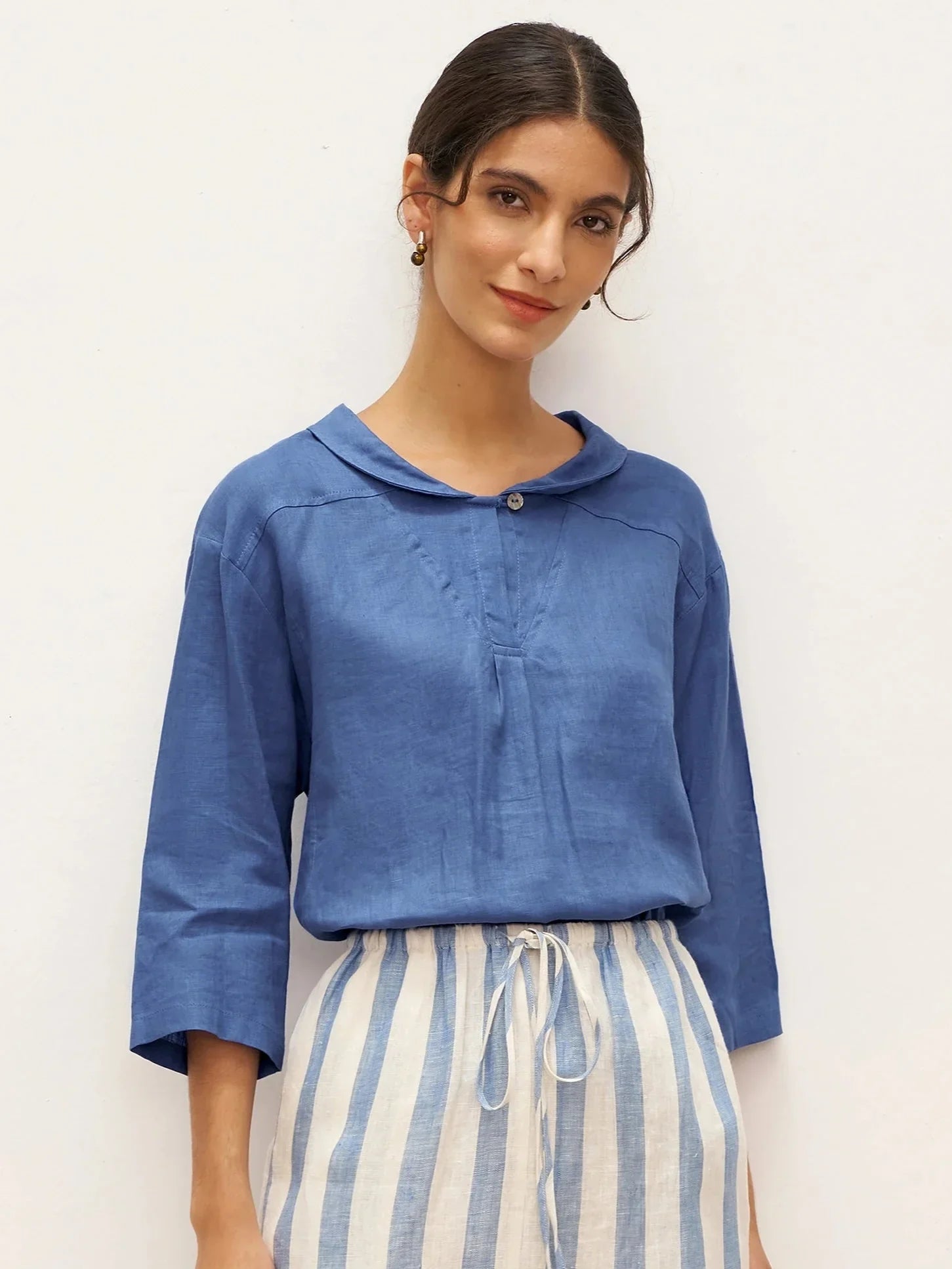 JADE 100% Linen Shawl V-Neck Half Sleeve Top - TOPS-Linen Blouses