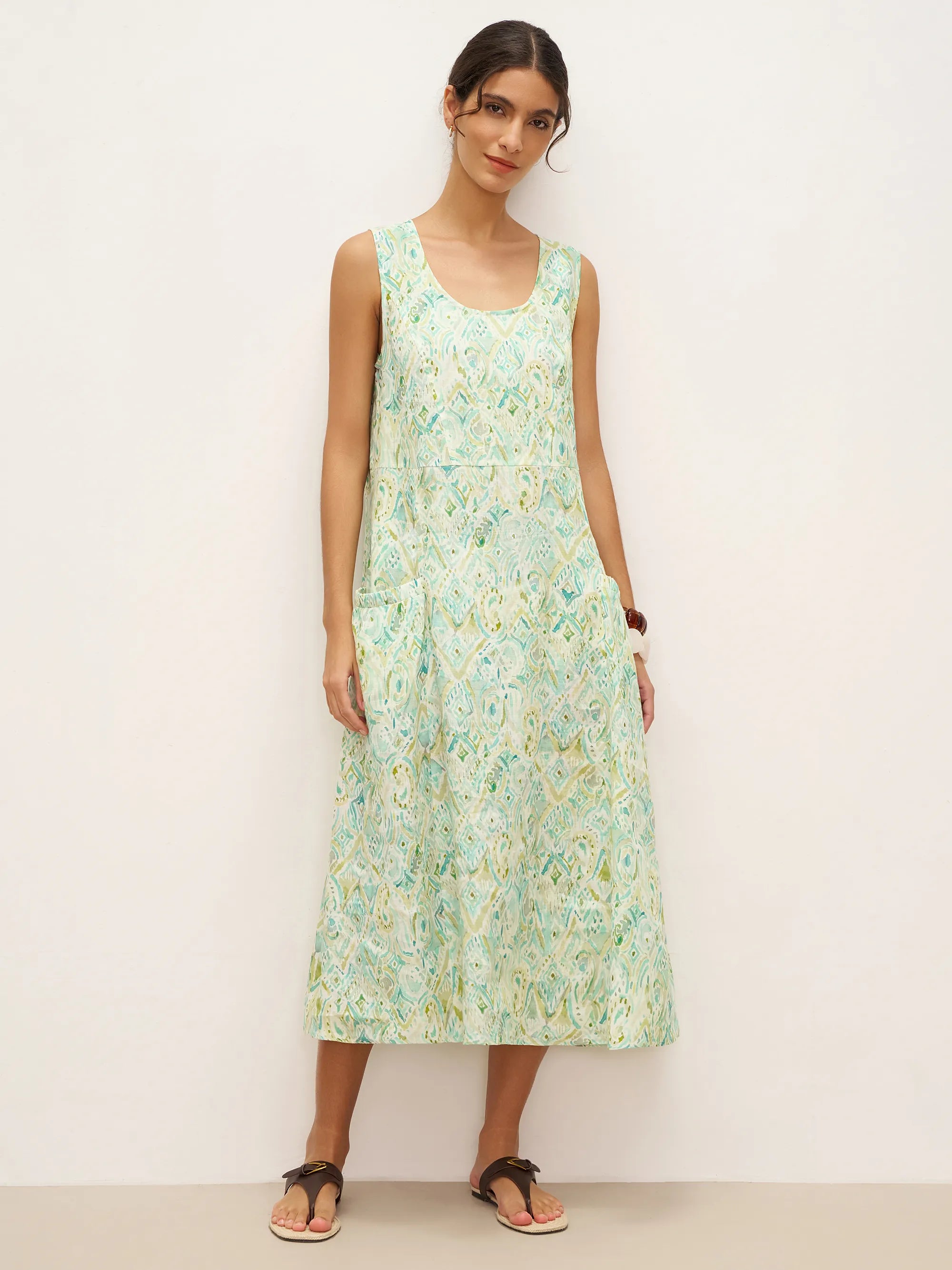 100% Linen Floral Swing Beach Tank Dress LORRAINE - Mist Garden / S - DRESSES-Linen Midi